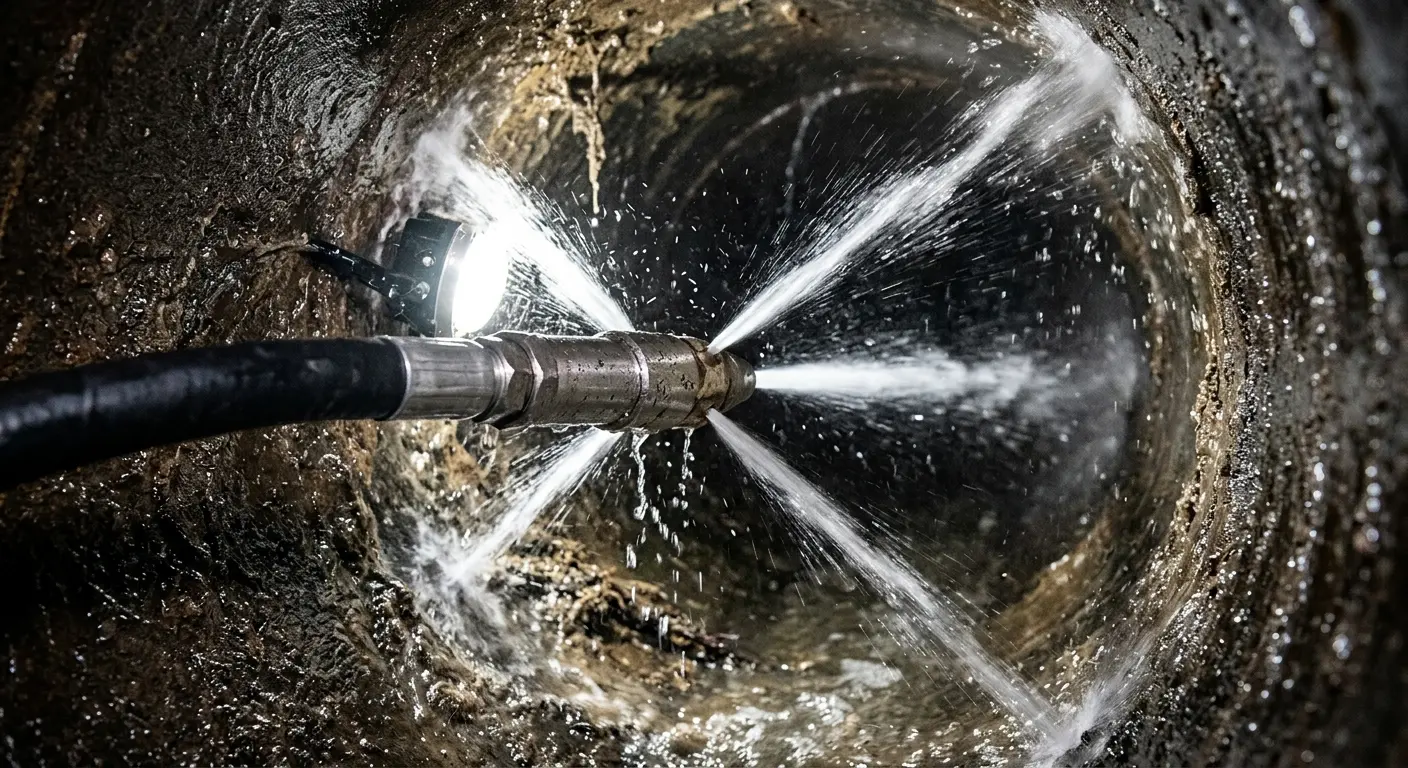 High-pressure hydro jetting nozzle cleaning sewer pipe for Trenchless Sewer Repair in Kendallville