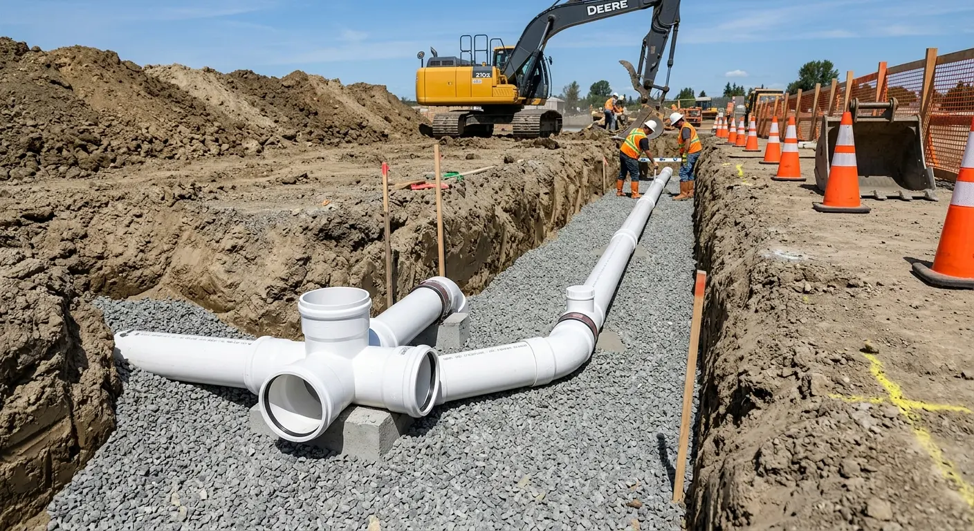 New PVC sewer pipe installation in open trench for Grease Trap Cleaning in Kendallville