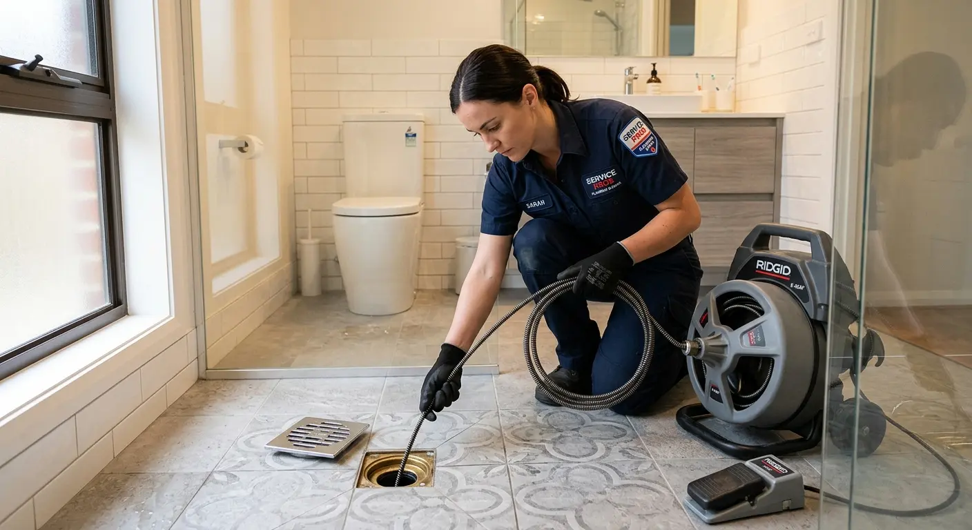 Technician clearing a bathroom floor drain for Drain Cleaning in Kendallville